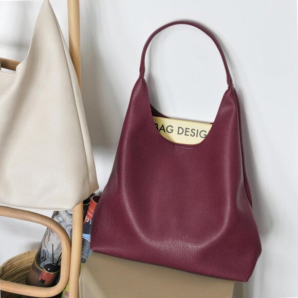 Women Dark Red Imported Polyester Leather Hobo Soft Vegan Shoulder Tote Bags - Picture 3 of 6